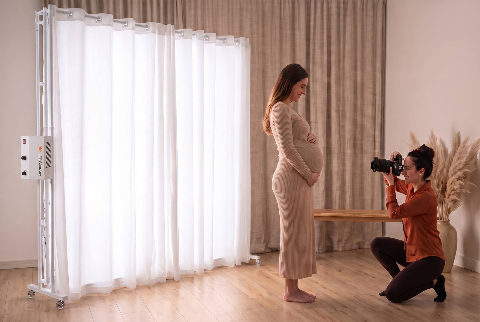 AI-generated illustration of a pregnant woman in profile, lit from the side by a LEDWindow PRO while a photographer shoots her in a studio.